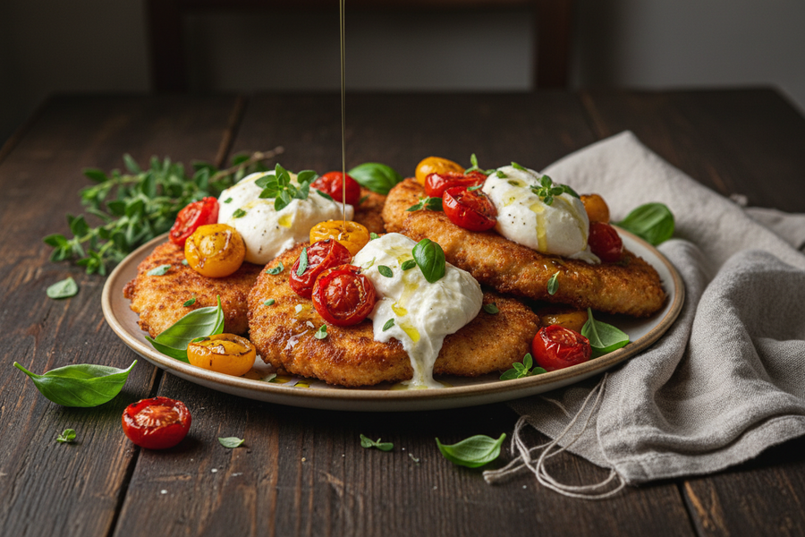 Chicken Cutlets with Blistered Tomatoes & Burrata