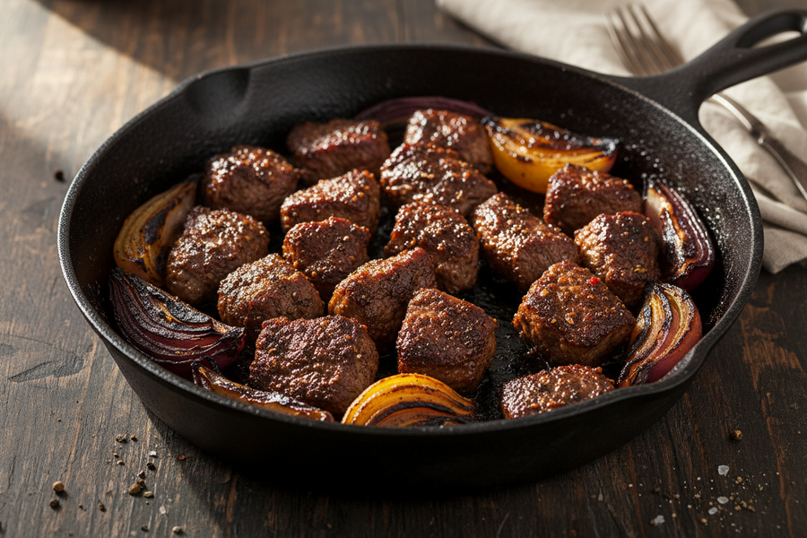 Skillet Steak Tips with Charred Onions